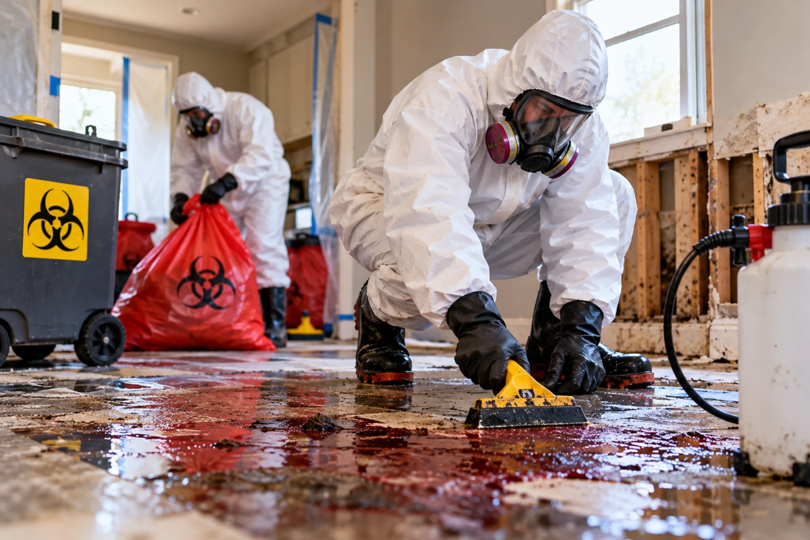 Professional biohazard cleanup team in full PPE assessing a contaminated residential property in Los Angeles