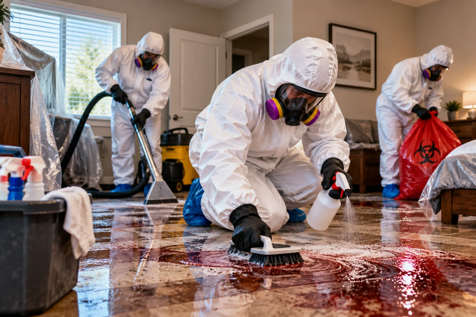 Blood cleanup professional treating contaminated flooring with hospital-grade disinfectant in a Los Angeles property