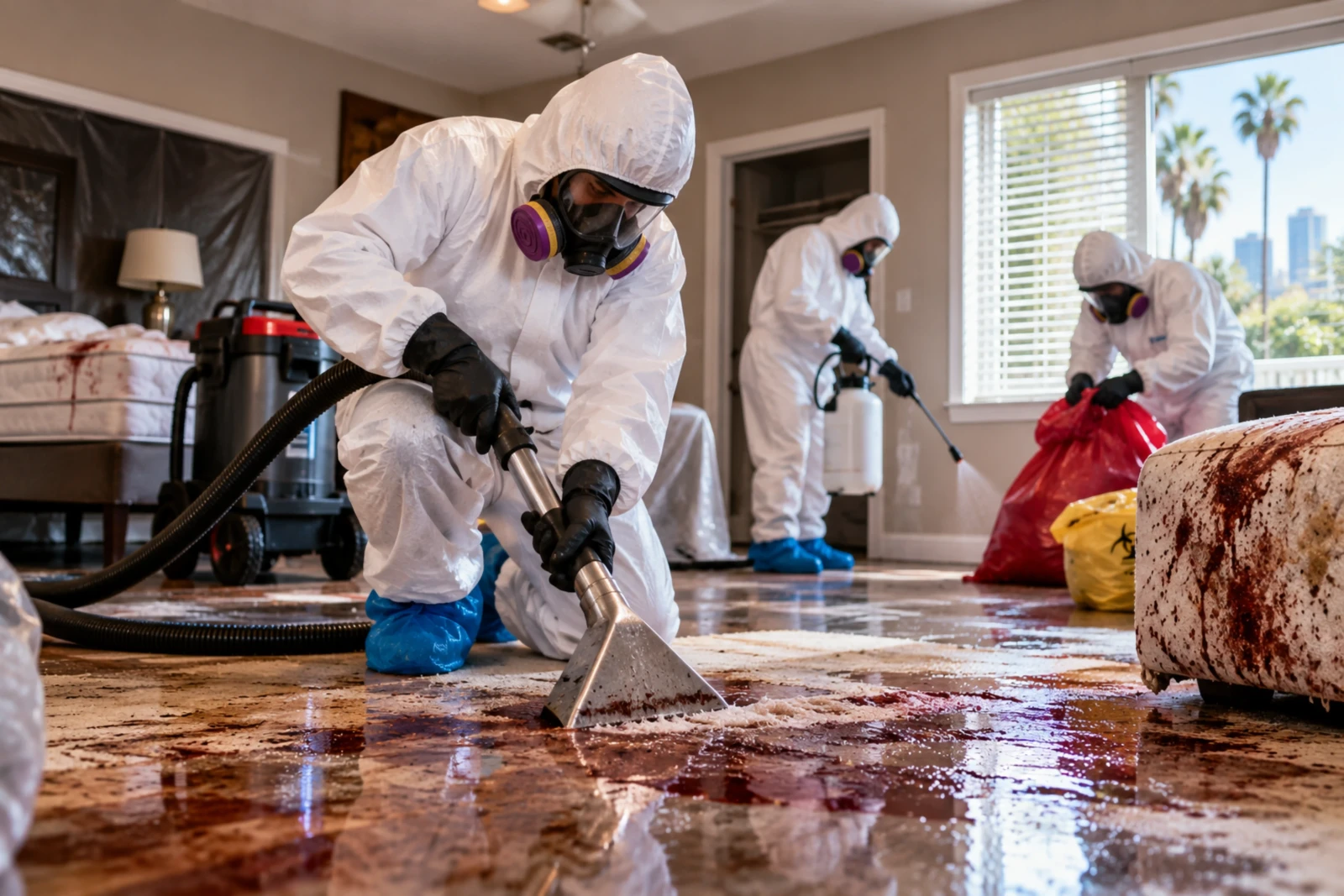 Crime scene cleanup team performing blood decontamination in protective equipment inside a Los Angeles residential property